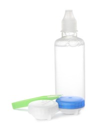 Case with contact lenses, tweezers and solution on white background