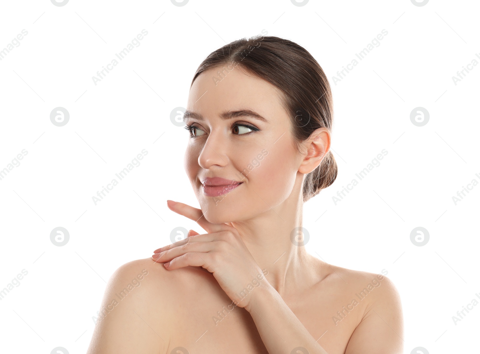 Photo of Portrait of young woman with beautiful face on white background