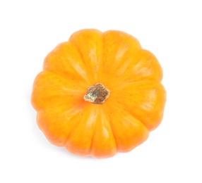 Photo of Beautiful ripe orange pumpkin isolated on white, top view