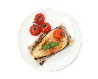 Photo of Plate of delicious eggplant lasagna isolated on white, top view