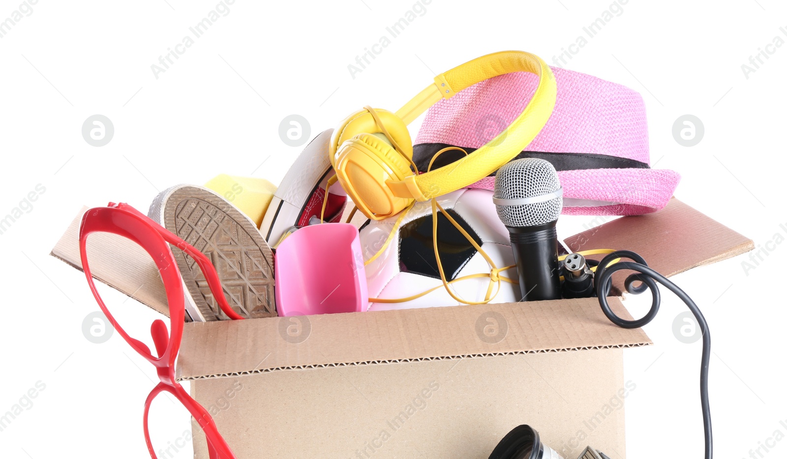 Photo of Box of unwanted stuff isolated on white