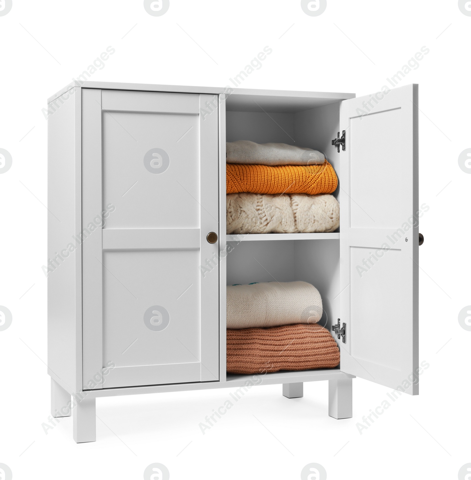 Photo of Wooden cabinet with clothes on white background. Stylish furniture for wardrobe room