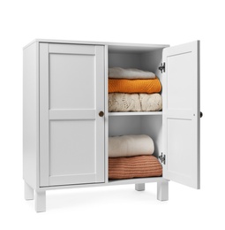 Wooden cabinet with clothes on white background. Stylish furniture for wardrobe room