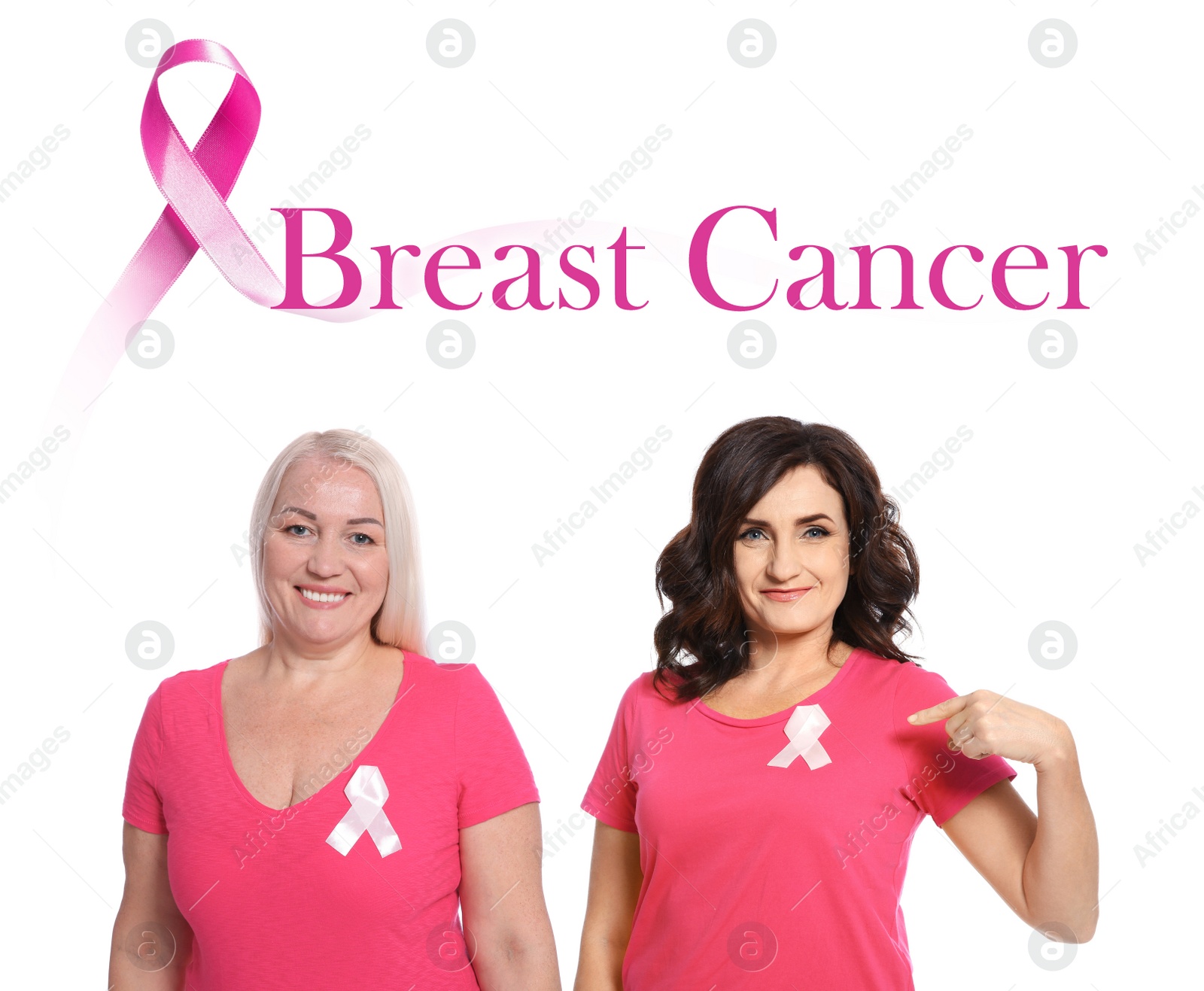 Image of Breast cancer awareness. Mature women on white background