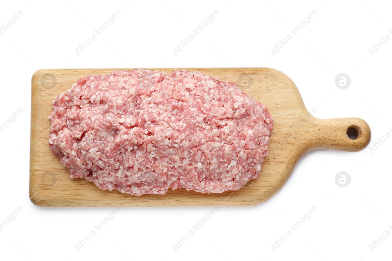 Photo of Raw fresh minced meat isolated on white, top view