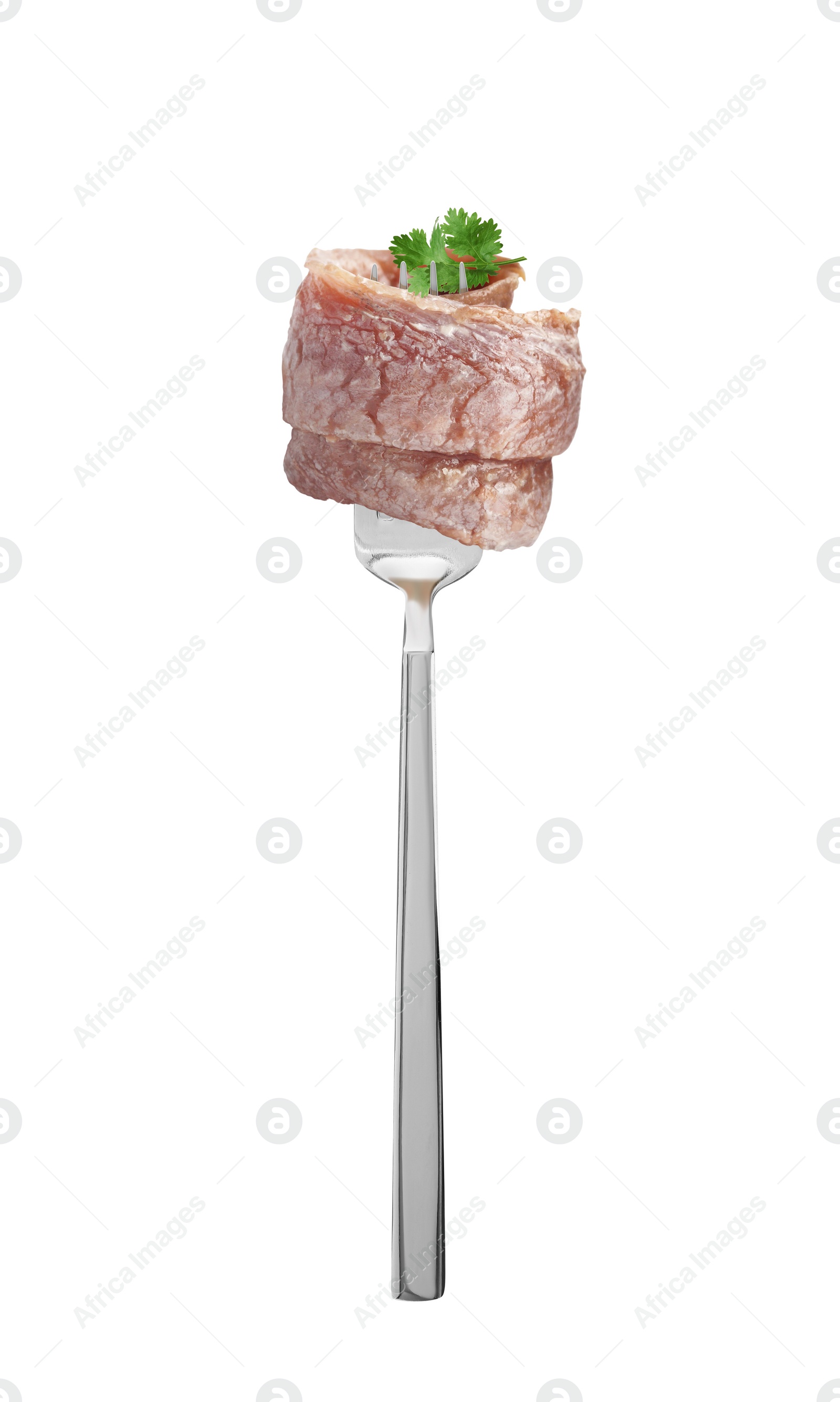 Image of Fork with anchovy fillet isolated on white