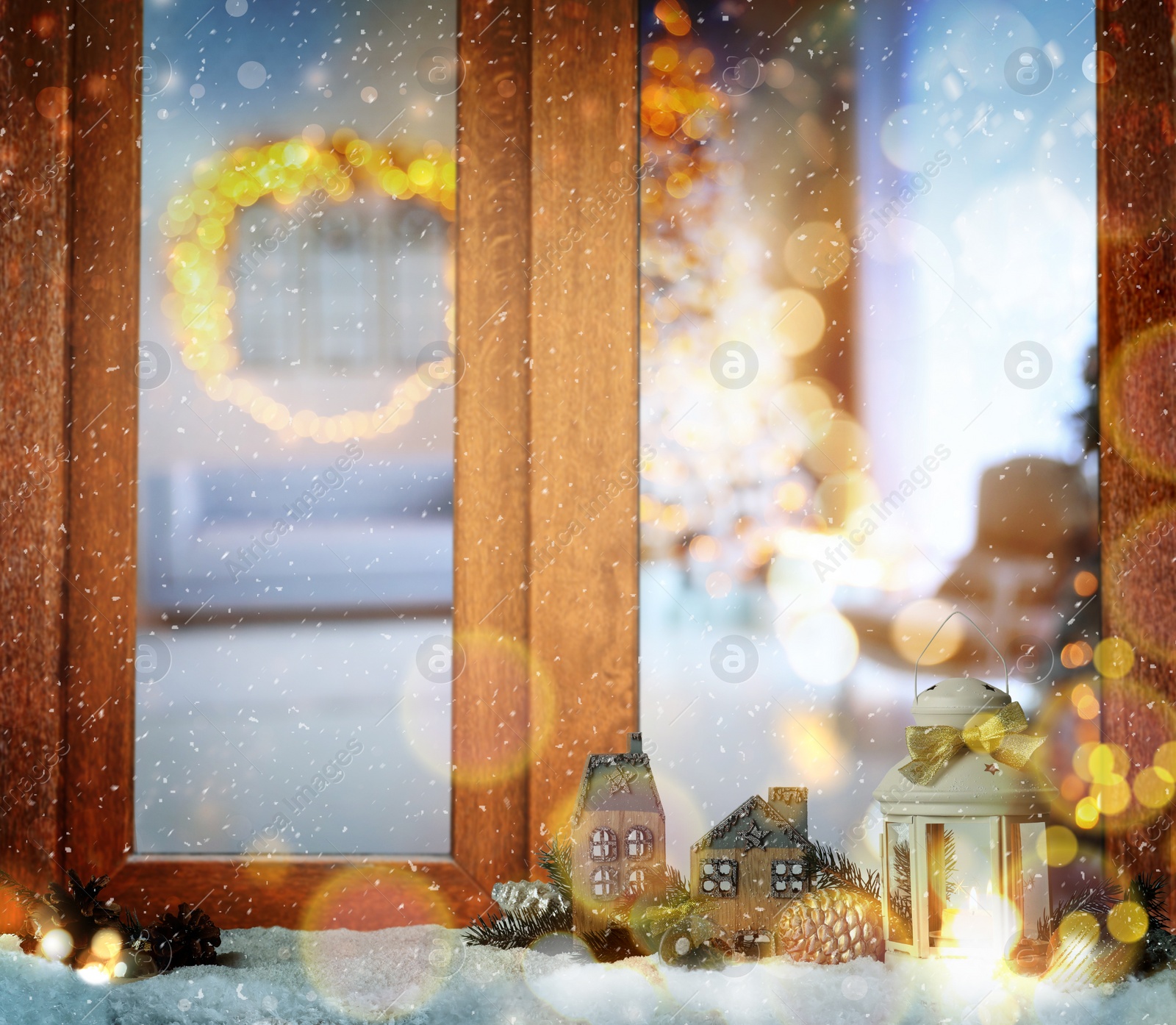 Image of Beautiful composition with Christmas lantern near window