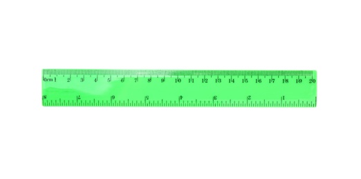 Photo of Colorful plastic ruler on white background. School stationery