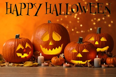 Image of Happy Halloween. Jack o'lanterns, autumn leaves and candles on table against orange background with blurred lights