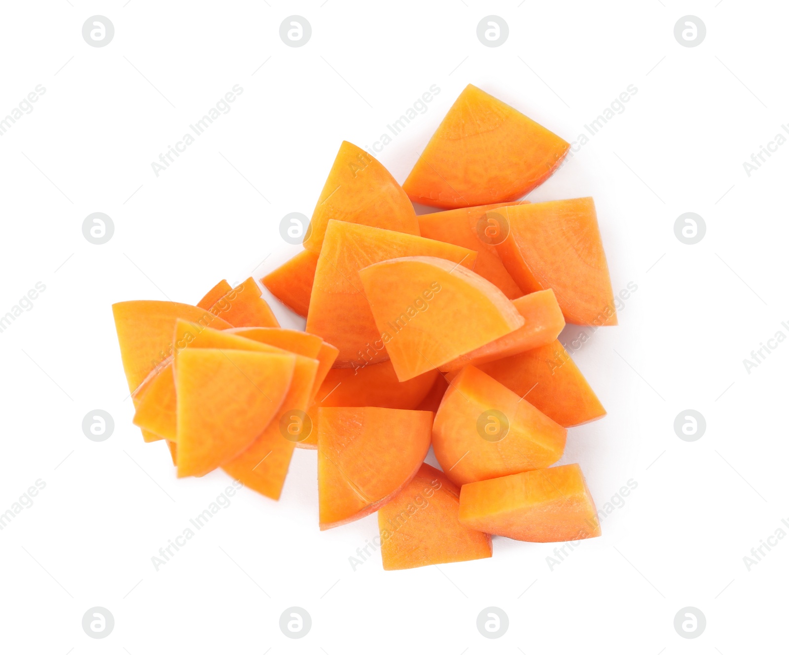 Photo of Pieces of fresh ripe carrot isolated on white, top view