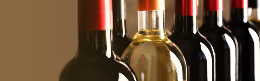 Bottles of different wines, closeup view. Banner design