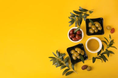 Bowl of oil, olives and tree twigs on yellow background, flat lay. Space for text