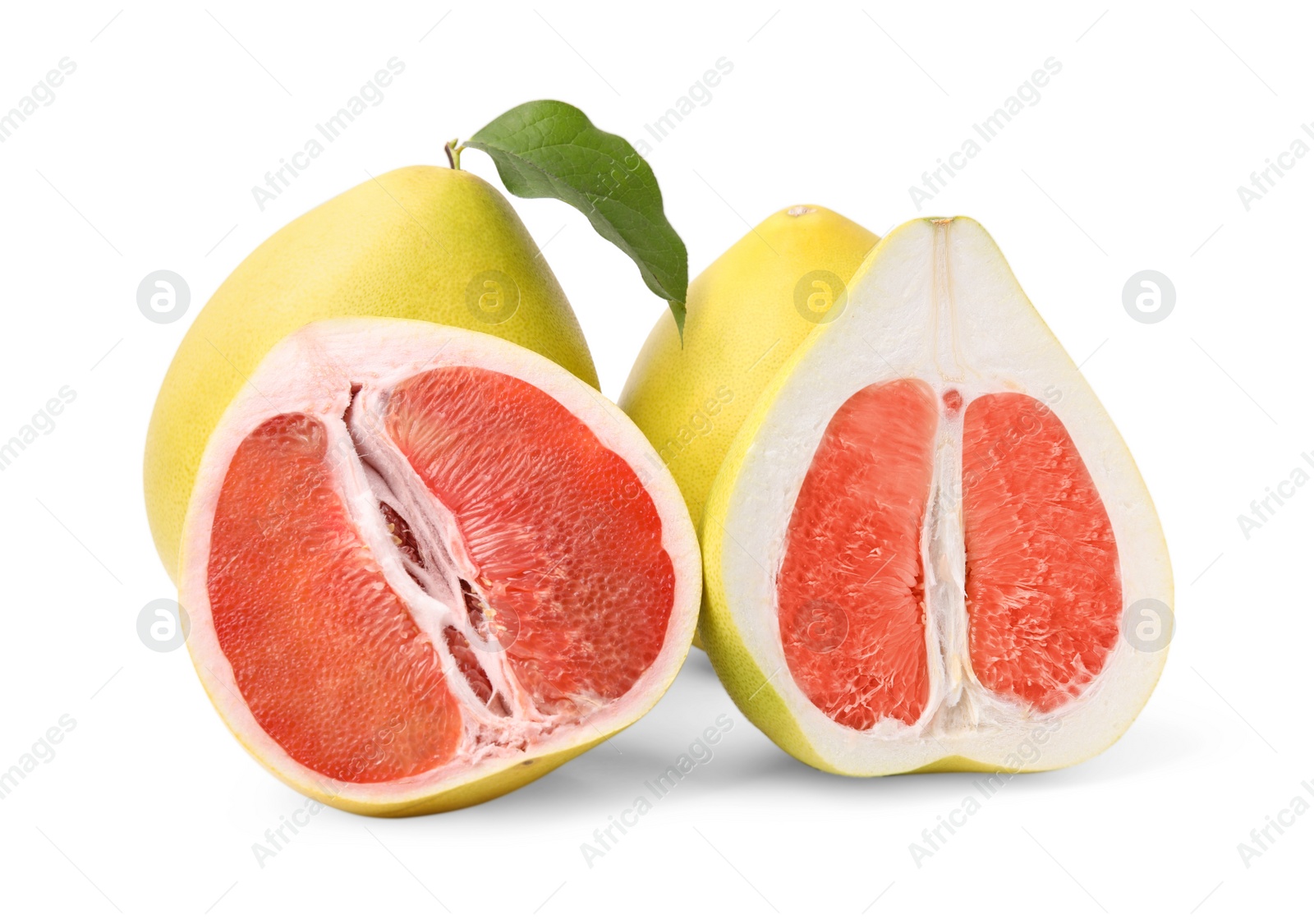 Photo of Tasty whole and cut pomelo fruits isolated on white