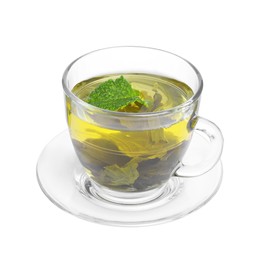 Fresh green tea in glass cup, mint and saucer isolated on white