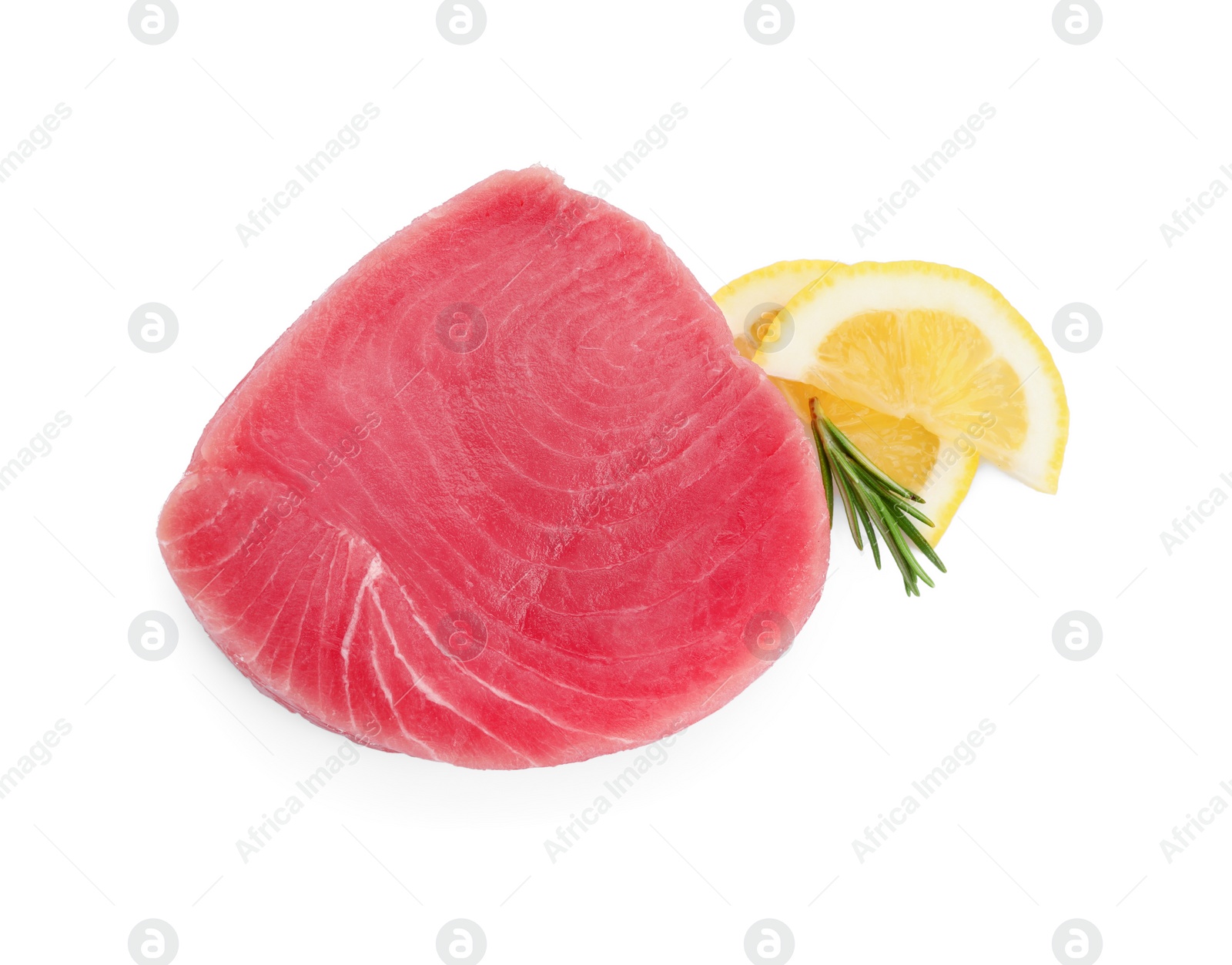 Photo of Fresh raw tuna fillet with lemon slices and rosemary on white background