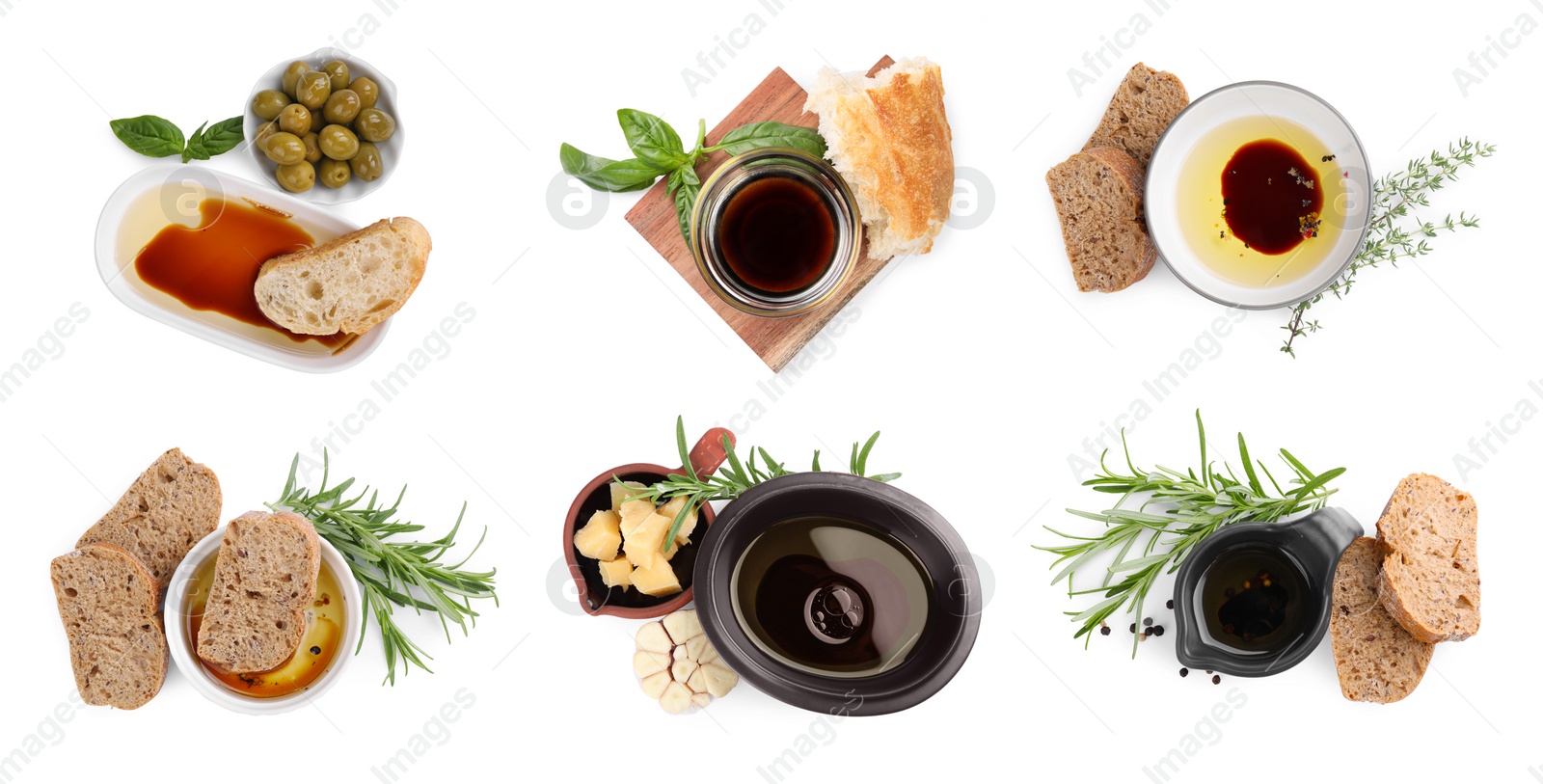 Image of Set of balsamic vinegar with oil and bread on white background, top view