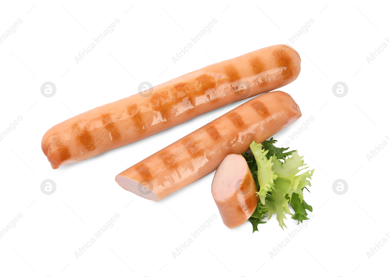 Photo of Tasty grilled sausages isolated on white, top view