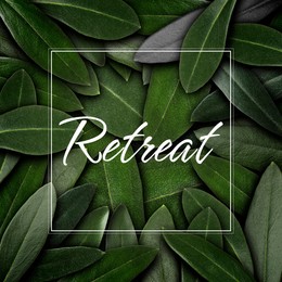 Word Retreat in frame and many green leaves, top view