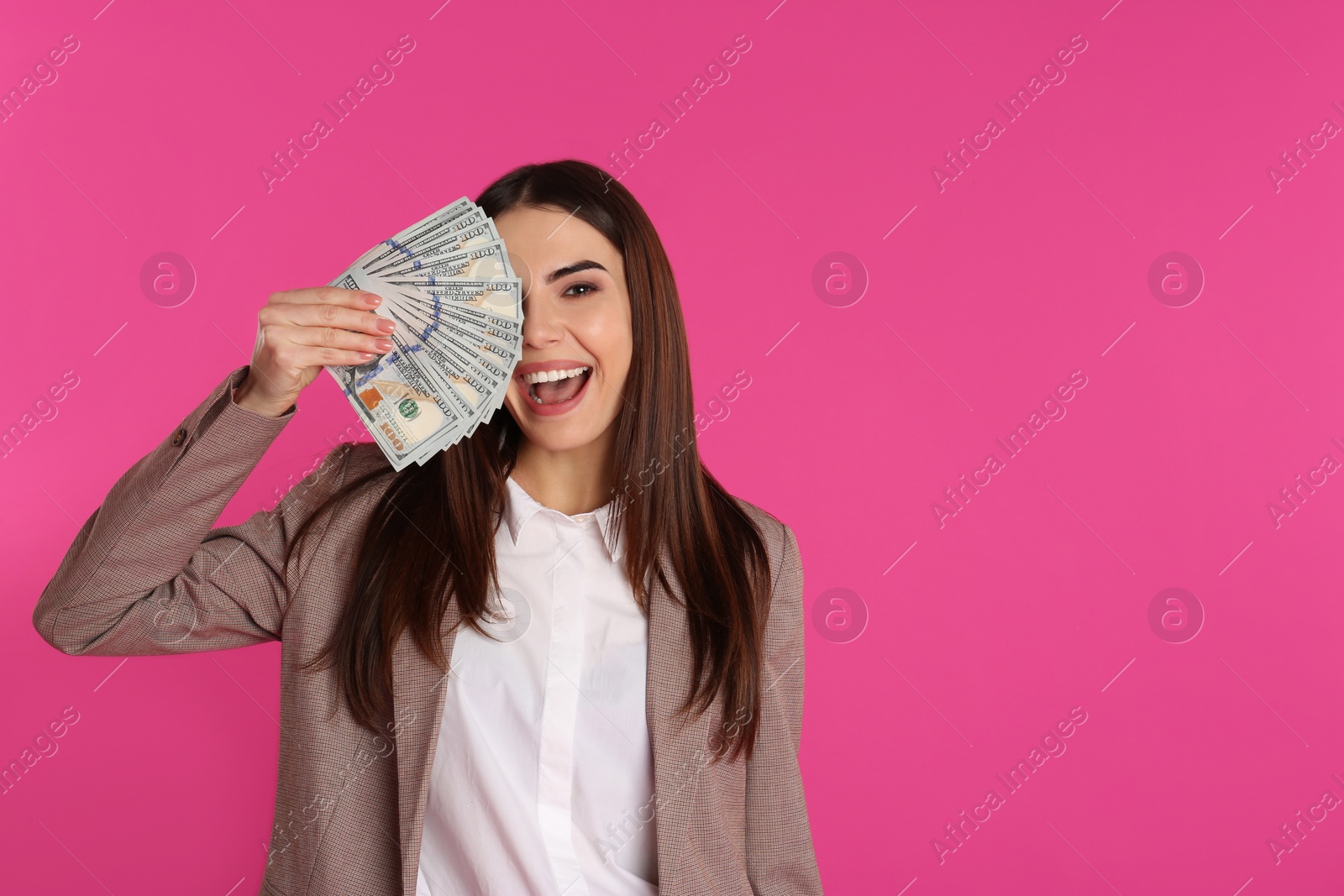 Photo of Businesswoman with money on color background. Space for text