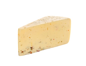 Photo of Piece of delicious cheese on white background