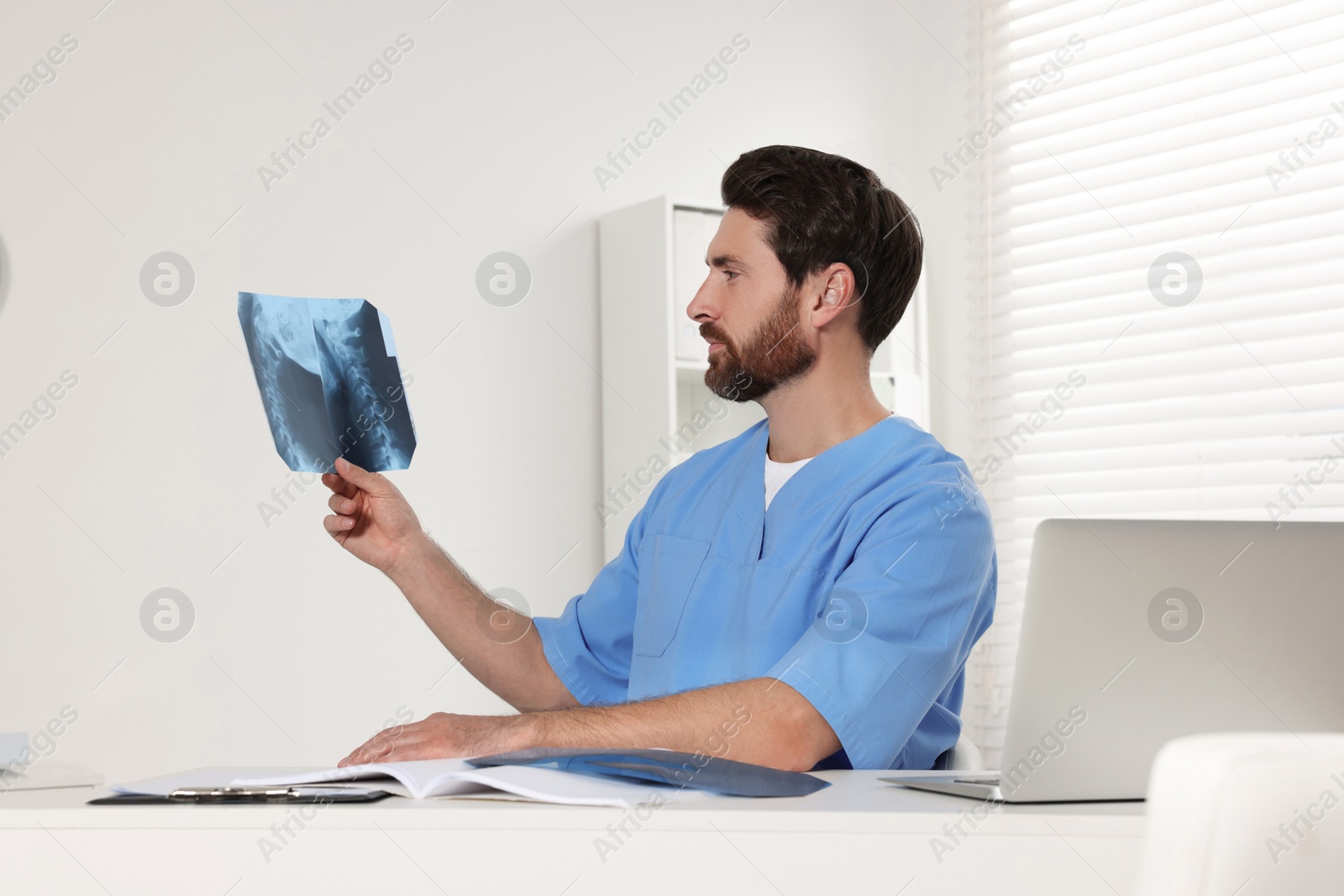 Photo of Doctor examining neck MRI scan in hospital