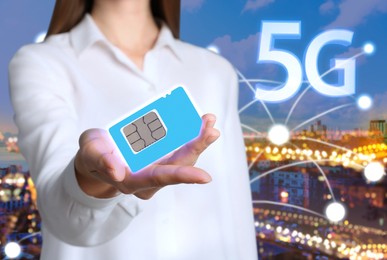 Image of Woman demonstrating 5G SIM card model and cityscape with connection lines on background, closeup