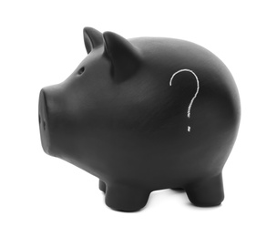 Photo of Black piggy bank with question mark on white background