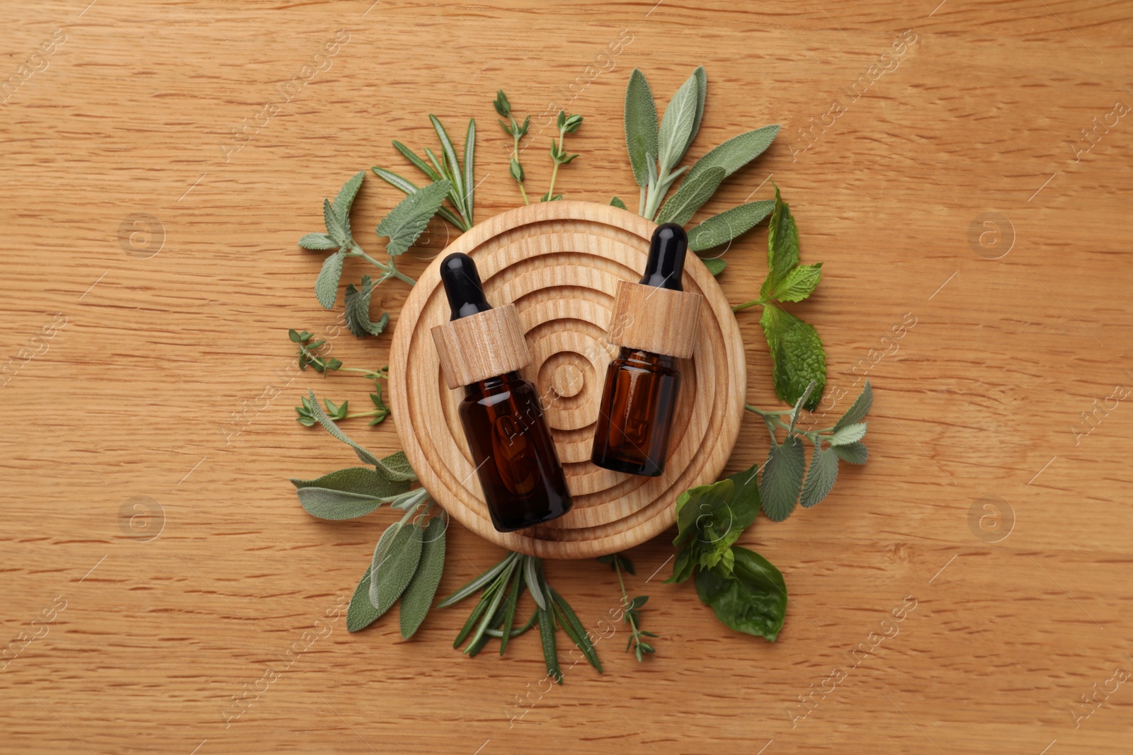 Photo of Flat lay composition with bottles of essential oils and fresh herbs