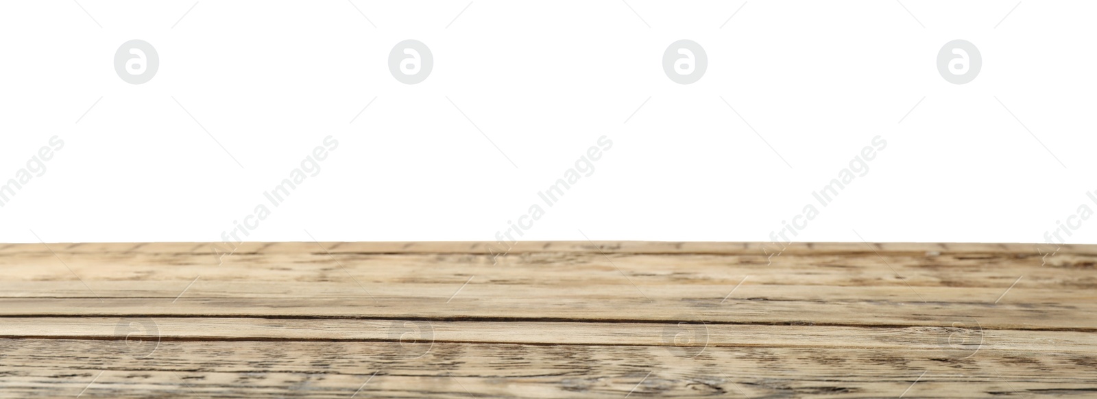 Photo of Empty wooden surface against white background. Mockup for design