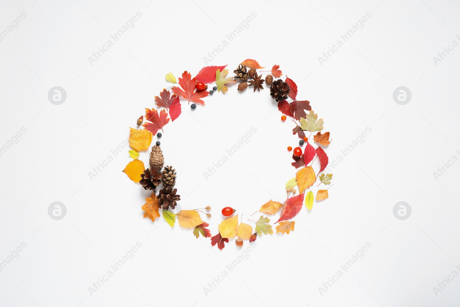 Photo of Frame made of autumn leaves on white background, top view. Space for text