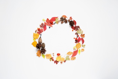 Frame made of autumn leaves on white background, top view. Space for text