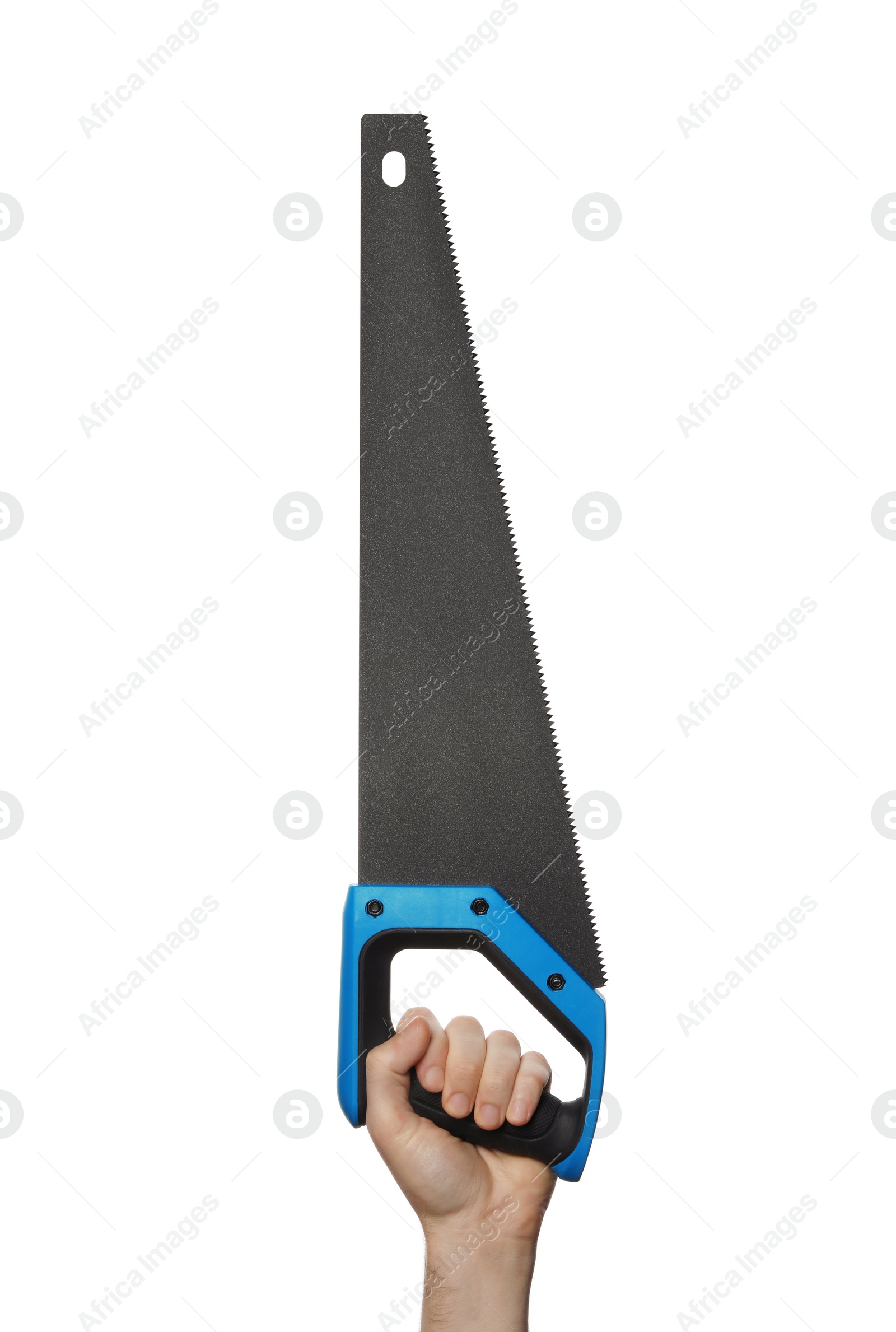 Photo of Man holding handsaw isolated on white, closeup