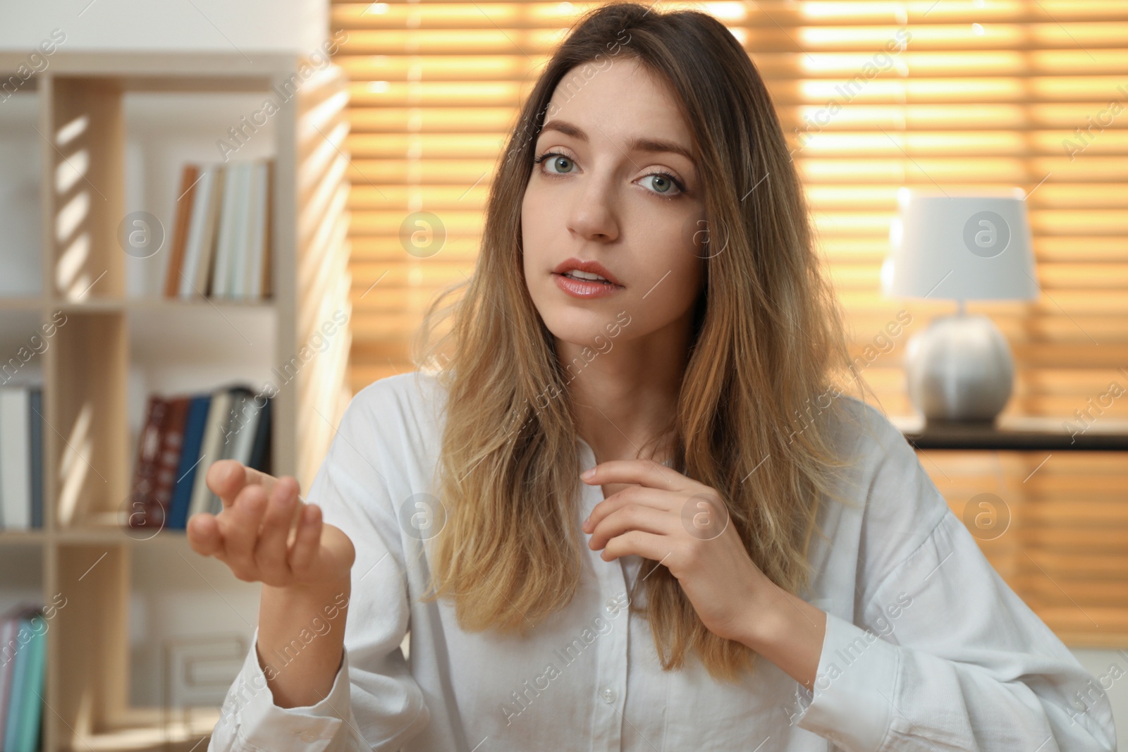 Photo of Young woman holding online webinar indoors, view from webcam