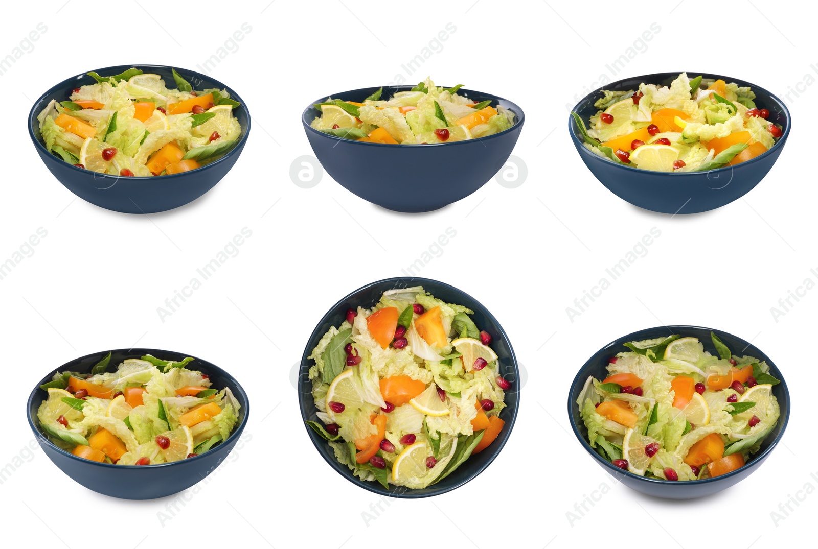 Image of Bowl of delicious salad with Chinese cabbage, lemon, persimmon and pomegranate seeds on white background, different sides