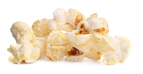 Photo of Fresh popcorn isolated on white. Tasty snack