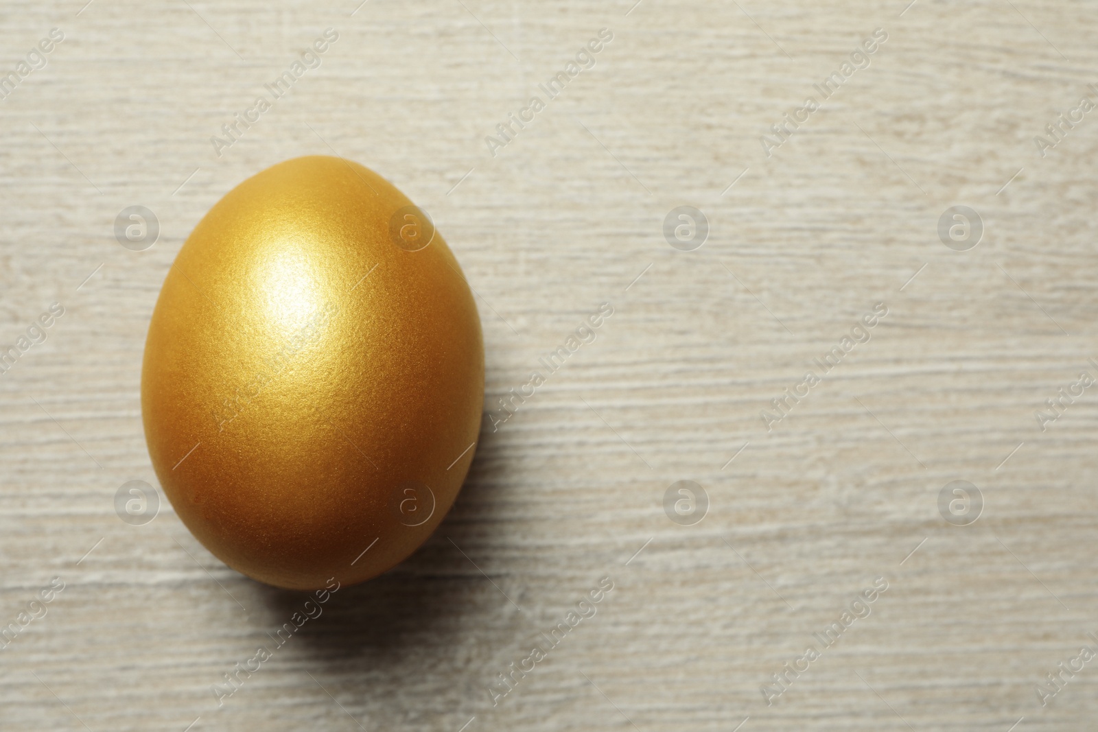 Photo of Golden egg on white wooden table, top view. Space for text