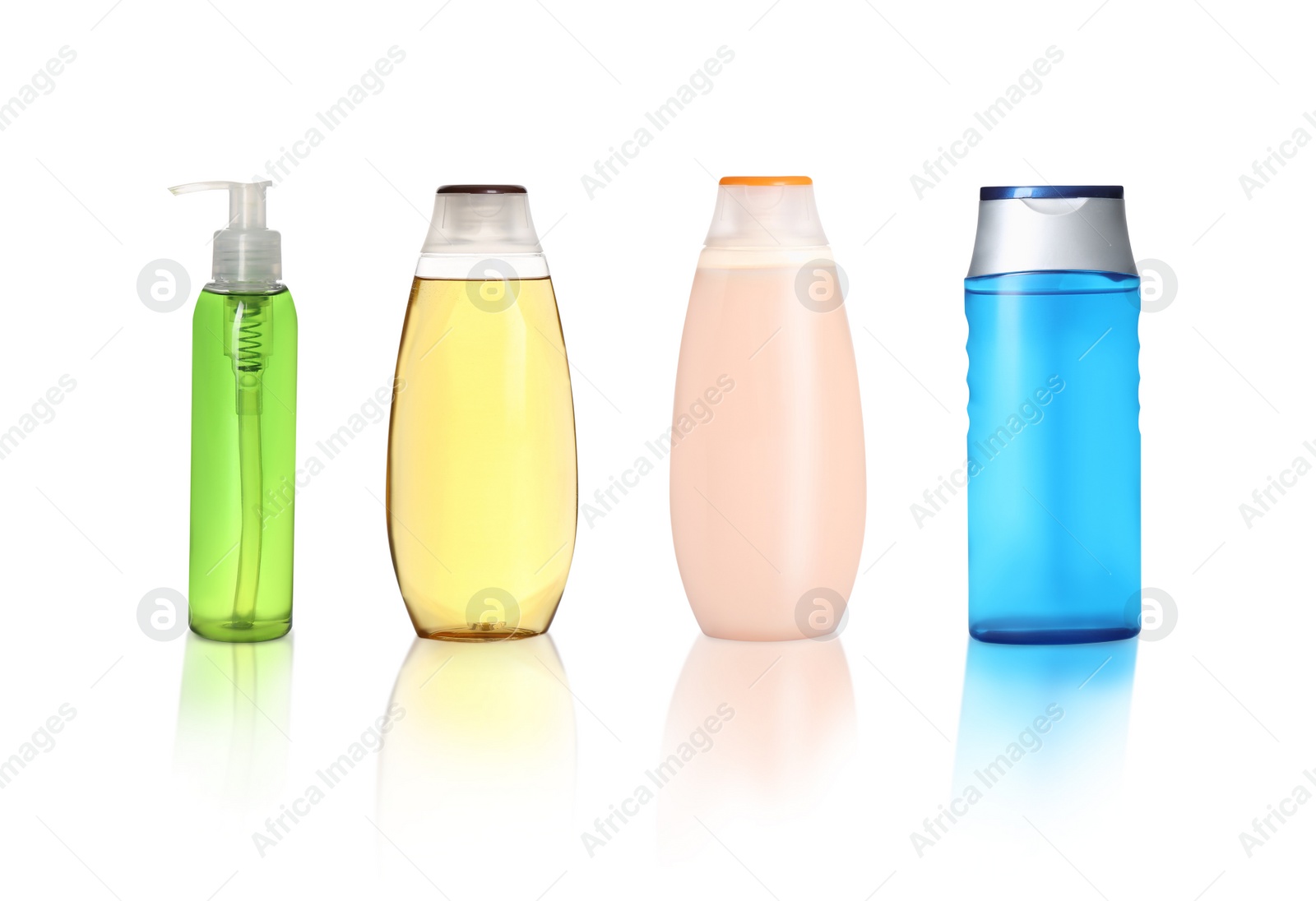 Image of Set with different shower gels on white background