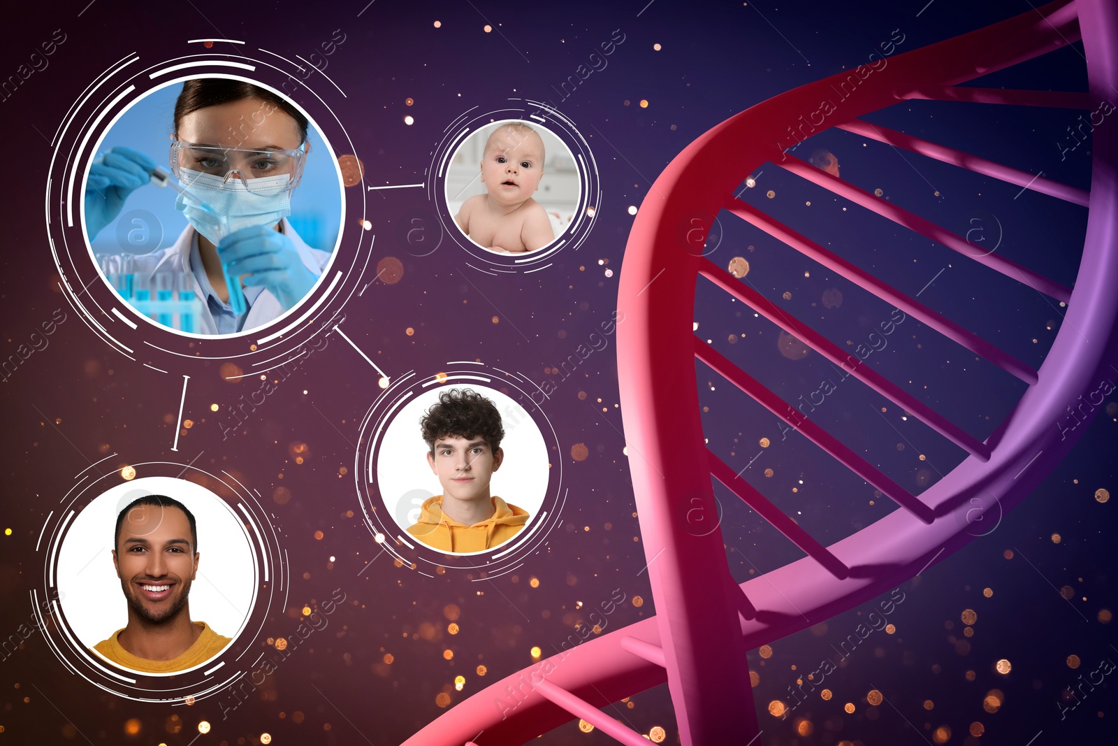 Image of Scheme with portraits of scientist, baby, teen and adult on color background with illustration of DNA structure
