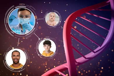Image of Scheme with portraitsscientist, baby, teen and adult on color background with illustration of DNA structure