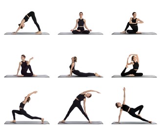 Image of Young woman practicing yoga on white background, collage 