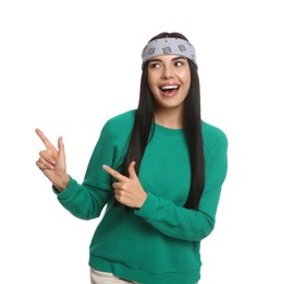 Photo of Young woman wearing stylish bandana on white background