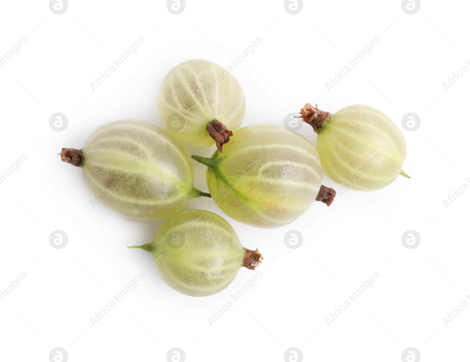 Photo of Pile of fresh ripe gooseberries on white background, top view