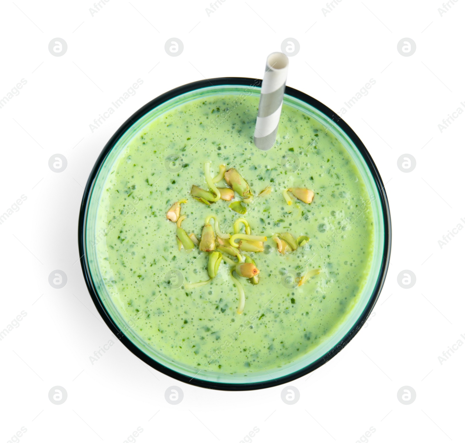 Photo of Glass of green buckwheat smoothie isolated on white, top view