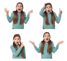 Image of Surprised girl on white background, collage of photos