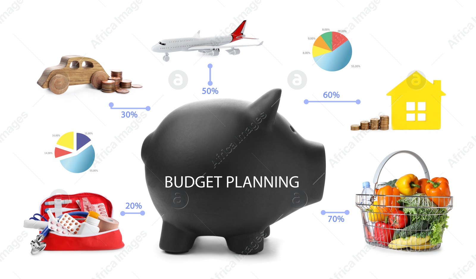 Image of Budget planning. Piggy bank and different expenses