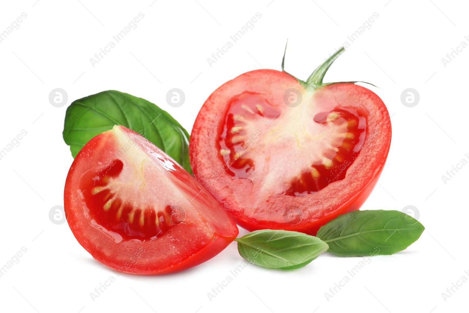 Photo of Fresh green basil leaves and cut tomato on white background