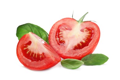 Fresh green basil leaves and cut tomato on white background