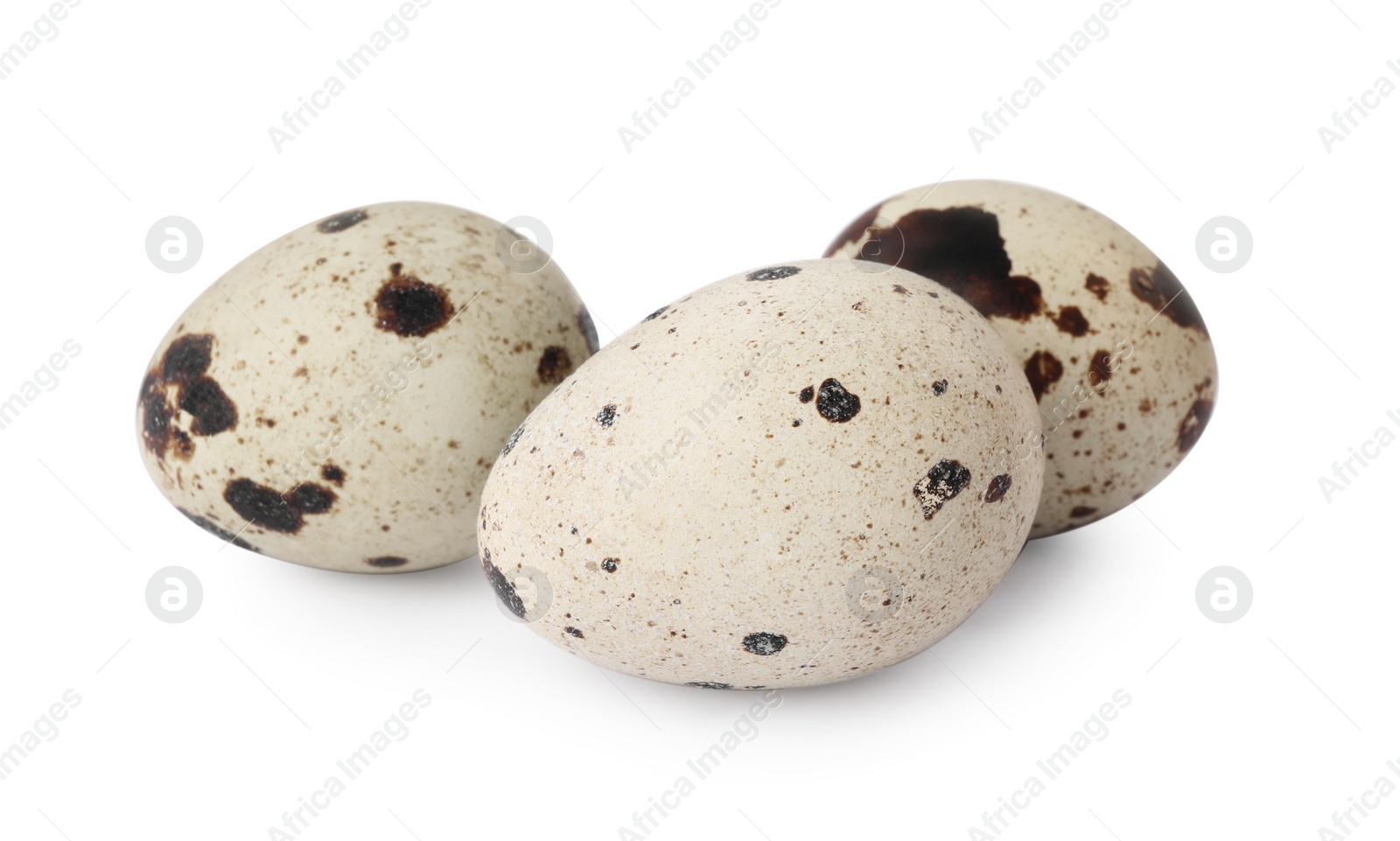 Photo of Beautiful speckled quail eggs on white background