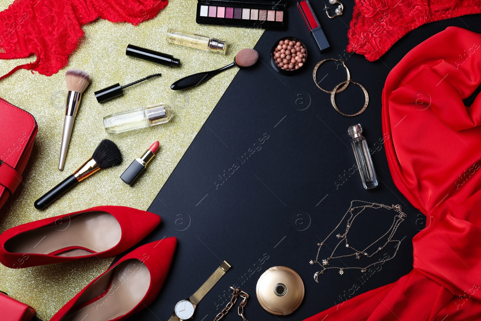 Photo of Frame of women's clothes, makeup products and accessories on color background, flat lay with space for text. Black Friday sale