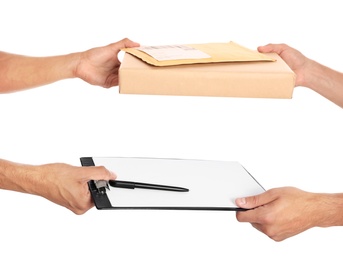 Courier giving parcel, envelope and clipboard to client on white background, closeup